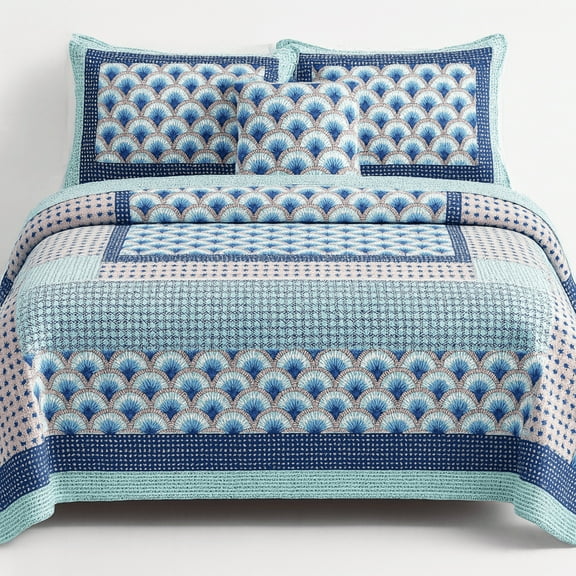 DaDa Bedding Mediterranean Blue Mint Green Patchwork Quilted Bedspread Set (JHW-884)
