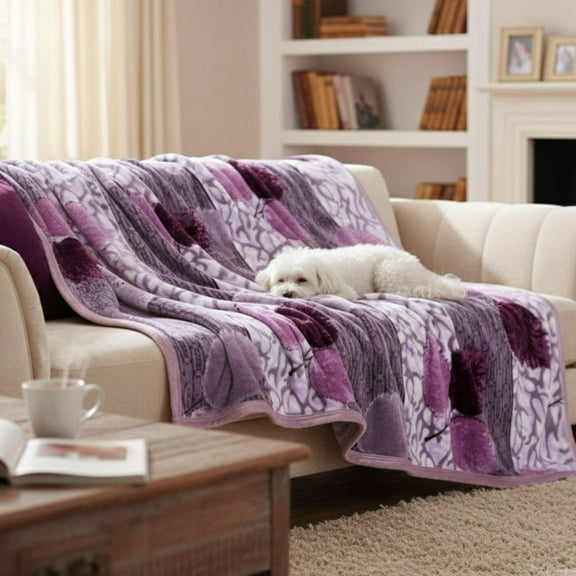 DaDa Bedding Orchid Blossoms Reversible Soft Warm Cozy Plush Luxe Fleece Flannel Throw Blanket - Bright Vibrant Striped Floral Leaves Purple Lavender Print - 66" x 90"