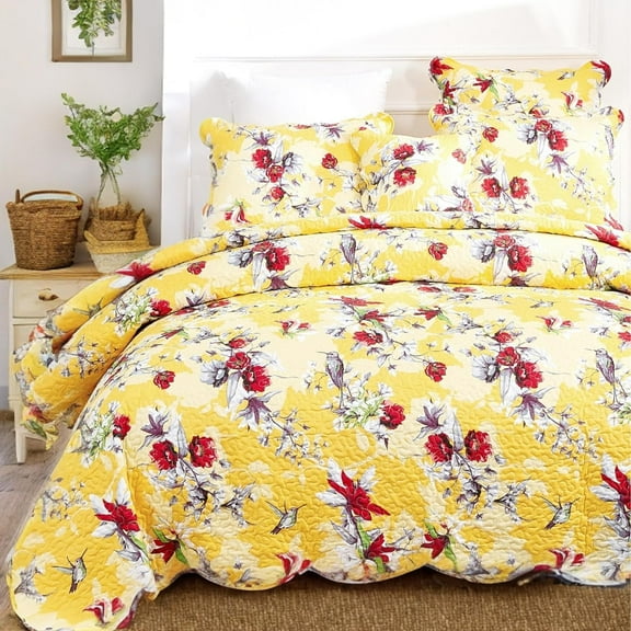 DaDa Bedding Radiant Sunshine Yellow Floral Bedspread Set - Hummingbirds Farmhouse Red Flowers Garden Quilted Coverlet - Scalloped Edges Bright Vibrant Multi-Colorful - Queen - 3-Pieces