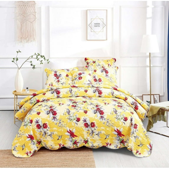 DaDa Bedding Radiant Sunshine Yellow Hummingbirds Floral Scalloped Bedspread Set (JHW-925)