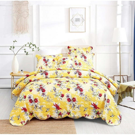 DaDa Bedding Radiant Sunshine Yellow Hummingbirds Floral Scalloped Bedspread Set (JHW-925)