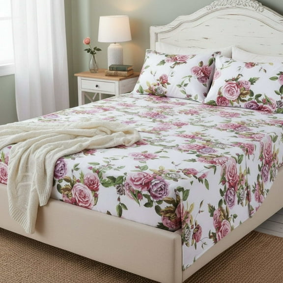 DaDa Bedding Romantic Roses Lovely Spring Pink Floral Garden Flat Bed Sheet Only w/ Pillow Cases (JHW879-Flat)