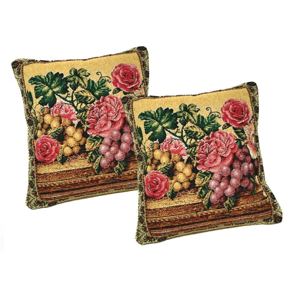 DaDa Bedding Set of 2-Pieces Parade Fruit & Roses Garden Tapestry Throw Pillow Covers w/ Inserts - 18" x 18"