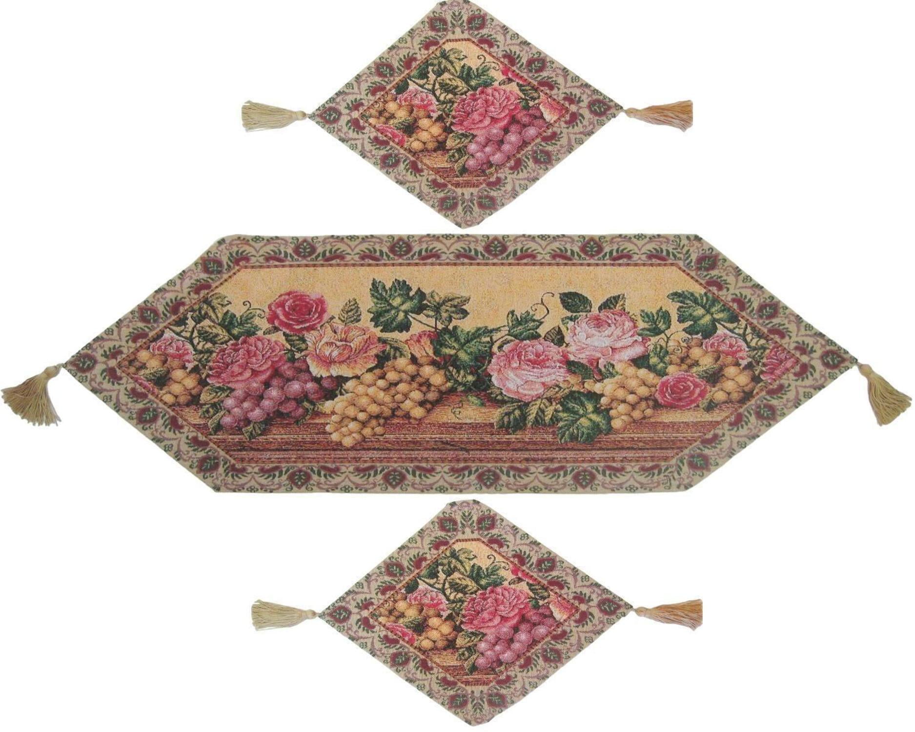 DaDa Bedding Set of 3-Pieces - Romantic Parade of Fruit & Roses Vintage Tapestry Dining Table Runners (14426)