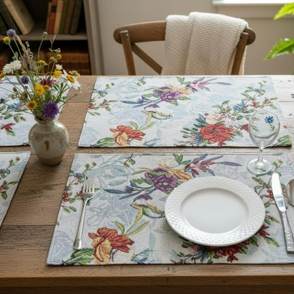 DaDa Bedding Set of 4-Pieces Tropical Sky Blue Birds Floral Tapestry Dining Table Placemats 13 x 19 (18116)