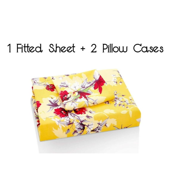 DaDa Bedding Sunshine Yellow Hummingbirds Floral Fitted Bed Sheet w/ Pillow Cases (JHW-925)