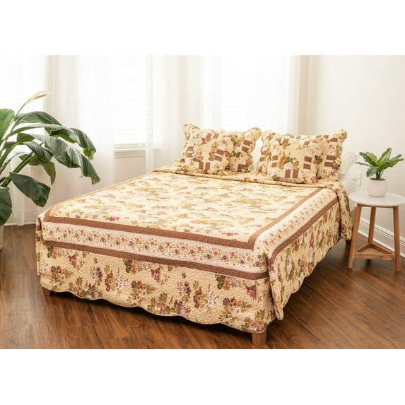 DaDa Bedding Vintage Cottage Rose Garden Floral Ivory Yellow Cotton Scalloped Quilted Bedspread Set (DXJ103478)