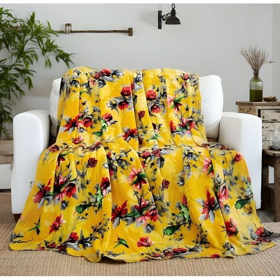 DaDa Bedding Yellow Farmhouse Rustic Spring Floral Hummingbirds Soft Fleece Throw Blanket (925)