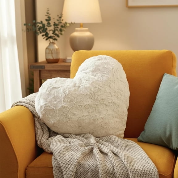 DaDalogy Bedding Luxury Dreamy White Faux Fur Heart Pillow - Lovely Valentine Gift Throw Cushion with Sewn Insert - Fluffy Cute Romantic Soft Backside | Upgraded- 16” x 14”
