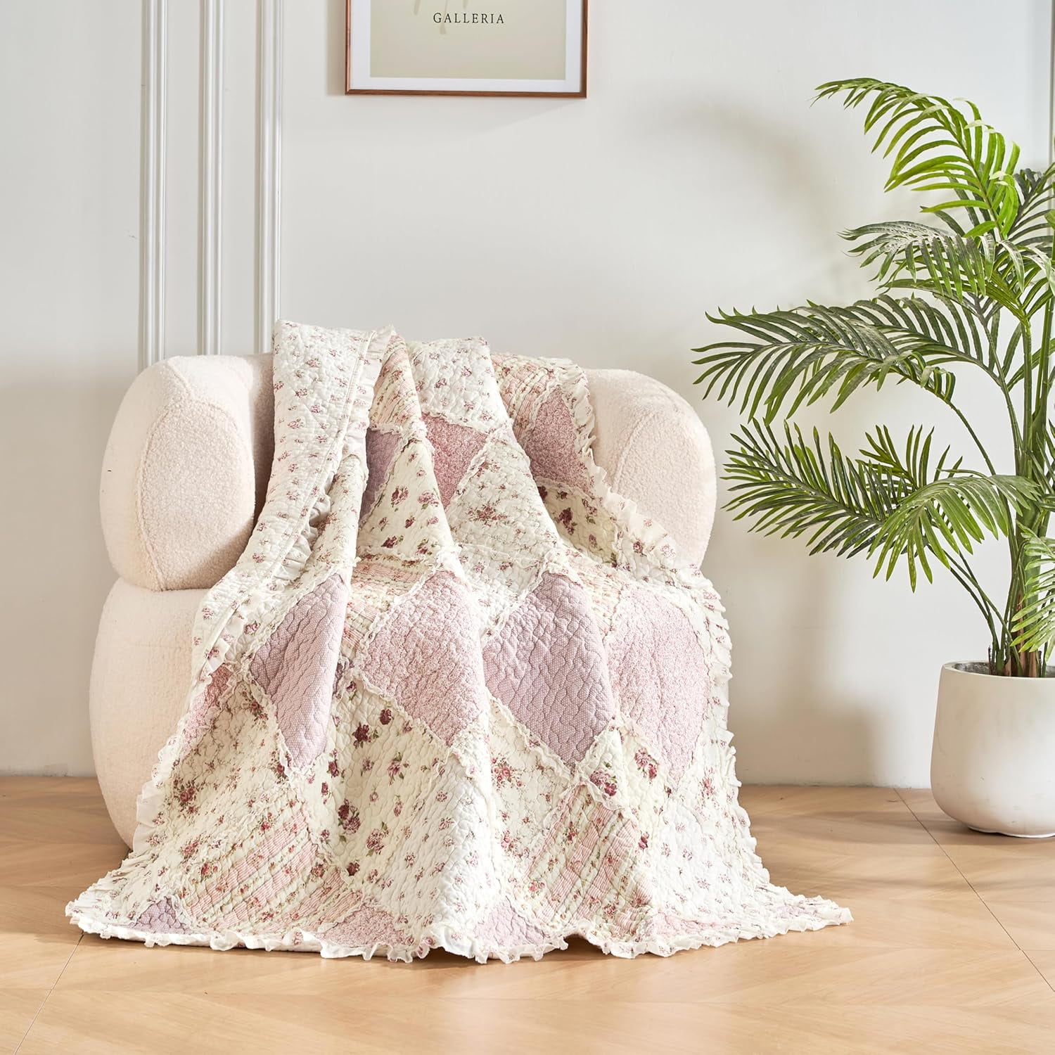 DaDalogy Cotton Patchwork Throw Blanket - Floral Cottage Quilted Reversible Blush Pink & Cream Shabby Chic Botanical Ruffle Design - Vintage Garden Rose Pastel Accents - 50 x 60