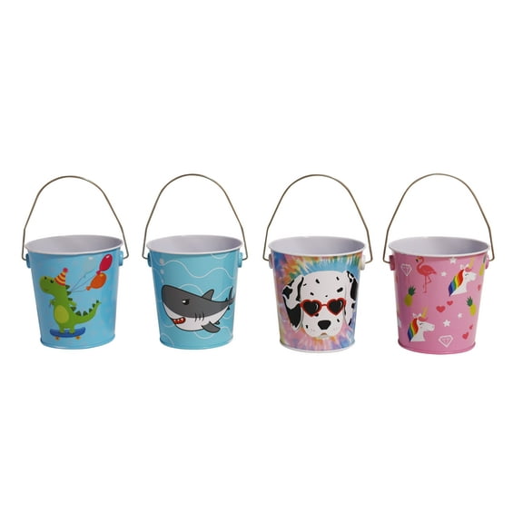 DaHo 12 pc Tin Bucket with Handle Dino Shark Dog Unicorn designs 4ASST for Classroom, Crafts, and Party Favors