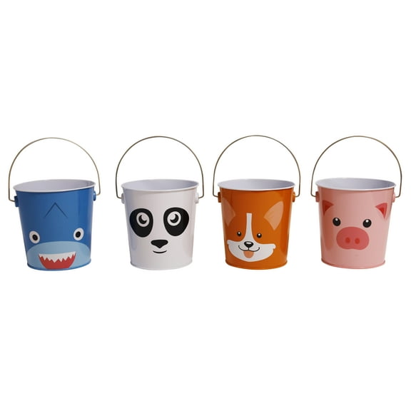 DaHo 12pc Animal Tin Bucket with Handle Shark Fox Panda Pig 4ASST for Party, Arts & Crafts, Classes, Storage, DIY Projects