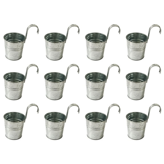 DaHo 12pc Small Metal Railling Hanging Planter, Hanging Flower Plant Pot, Bucket with Hook, Indoor or Outdoor