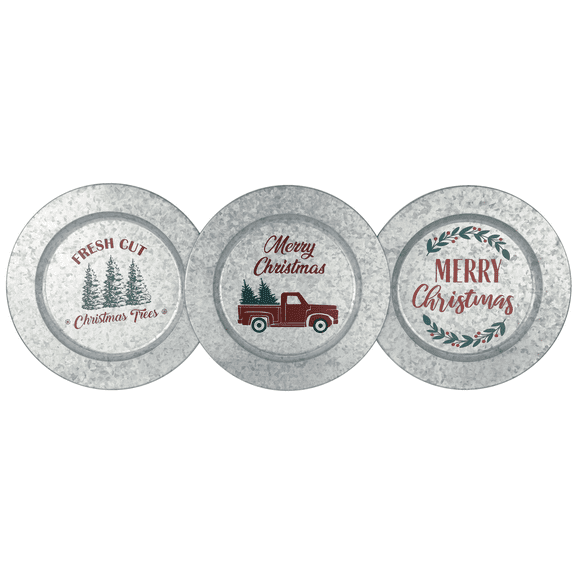 DaHo 3pc Christmas Holiday Galvanized Charger Plate Merry Christmas Truck, Christmas Tree and Blessing