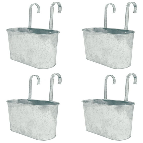 DaHo 4pc Oval Metal Railing Hanging Planter Hanging Flower Plant Pot, Bucket with Hook, Indoor or Outdoor, Garden, Patio, Decoration