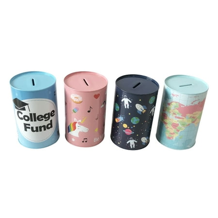 DaHo 4pc Tin Coin Bank Colleage Fund Unicorn Space and World Map 4ASST