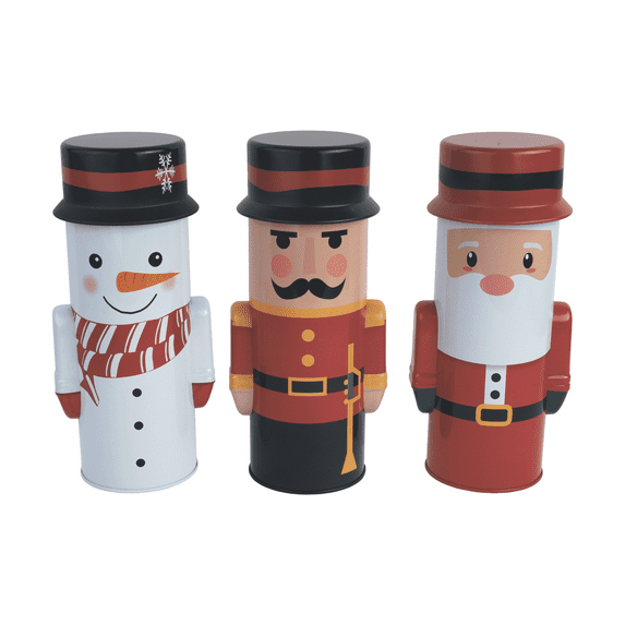 DaHo Christmas Holiday 3pc Novelty Shaped Tall Tin Canister (Nutcracker, Santa, Snowman) for Gift, Cookies, Candy, Decor, Favors Christmas Holiday Winter Wrapping Party Favor Supplies