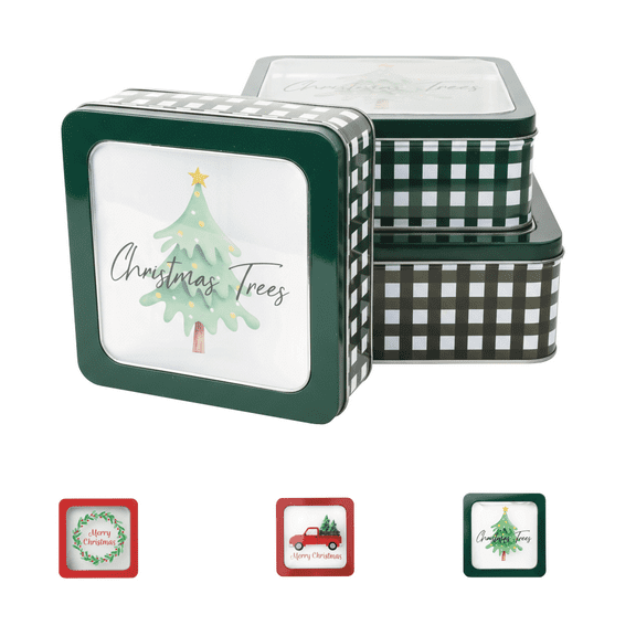 DaHo Christmas Holiday 3pc Set XMAS Tree Square Cookie Tins with Lids for Gift Giving, Cookie Boxes, Tins for Cookies and Gifts, Crafts, Favors, Decoration, Storage
