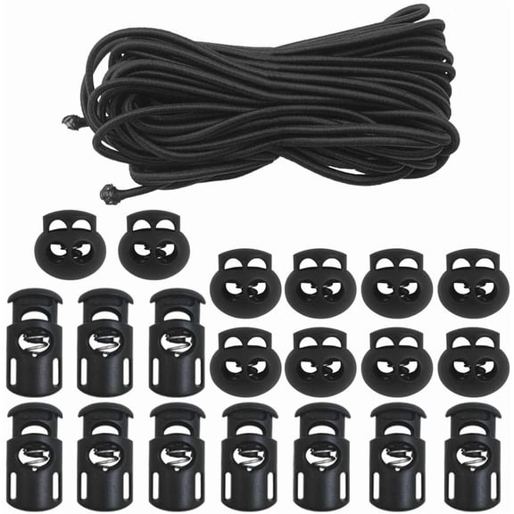 DaKuan 20 PCS Plastic Cord Locks & Elastic Bungee Nylon Shock Cord 5/32" 50 ft Lengths, 10 PCS Sing-Hole, 10 PCS Double-Hole (Black) End Spring Toggle Stopper Slider with Crafting Stretch String