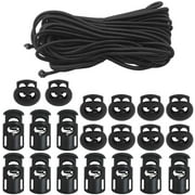 DaKuan 20 PCS Plastic Cord Locks & Elastic Bungee Nylon Shock Cord 5/32" 50 ft Lengths, 10 PCS Sing-Hole, 10 PCS Double-Hole Black End Spring Toggle Stopper Slider with Crafting Stretch String