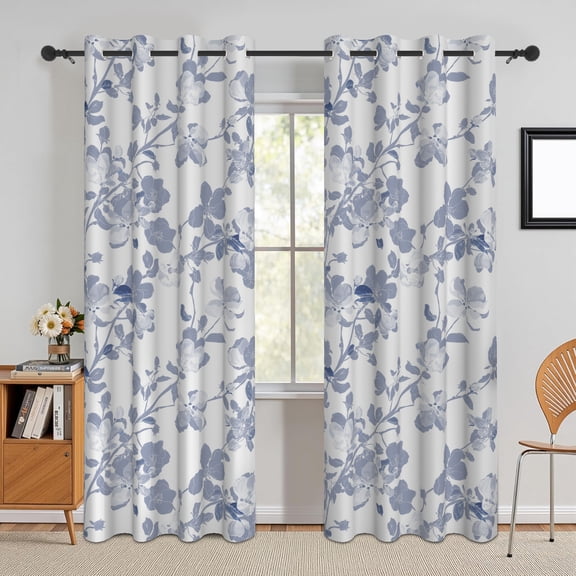 DaShan Blue Floral Blackout Curtains for Living Room,Thermal Insulated Grommet Window Drapes 42x63 Inch,Set of 2