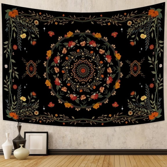 DaShan Boho Floral Mandala Tapestry Wall Hanging,Black Green Hippie Backdrop for Bedroom Living Room Dorm,60"Wx50"L