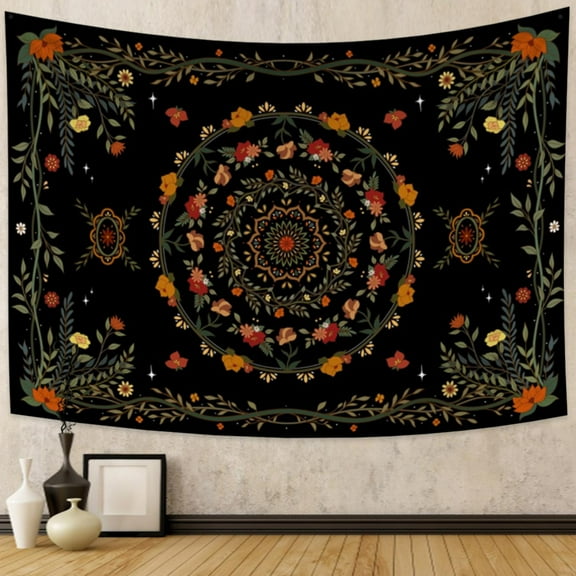 DaShan Boho Floral Mandala Tapestry Wall Hanging,Black Green Hippie Tapestries for College Dorm Living Room 50x40 Inches