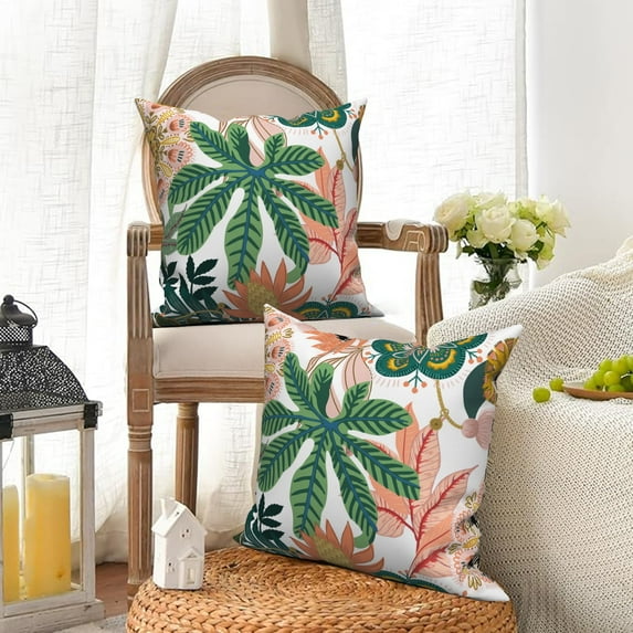 DaShan Boho Floral Throw Pillow Covers 18x18 Set of 2,Flowers Leaves Modern Linen Pillows Case for Bedroom Sofa Couch