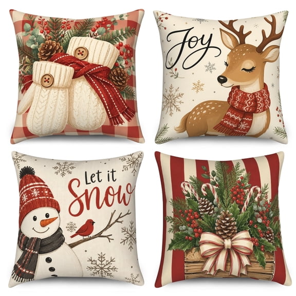 DaShan Christmas Throw Pillow Covers 18x18 Set of 4,Snowman Reindeer Gloves Pillow Cases for Bedroom Sofa Couch Decor