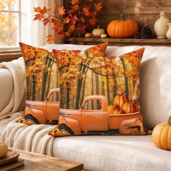 DaShan Fall Maple Leaves Throw Pillow Covers 18x18 Set of 2, Thanksgiving Pumpkin Linen Pillows Case for Bedroom Sofa Couch