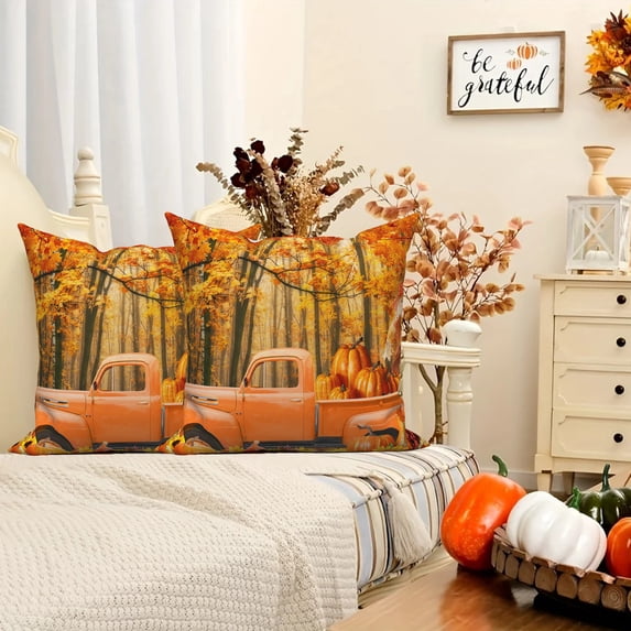 DaShan Fall Maple Leaves Throw Pillow Covers 18x18 Set of 2, Thanksgiving Pumpkin Linen Pillows Case for Bedroom Sofa Couch