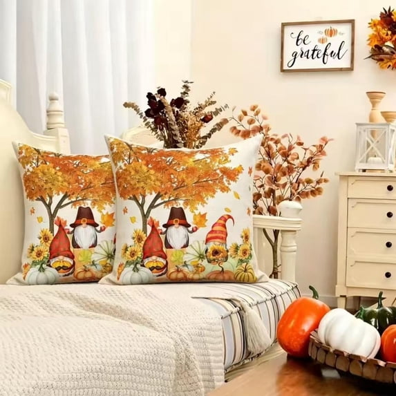 DaShan Fall Thanksgiving Throw Pillow Covers 18x18 Set of 2,Gnomes Pumpkins Linen Pillows Case for Bedroom Sofa Couch