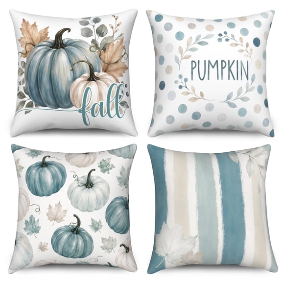 DaShan Fall Thanksgiving Throw Pillow Covers 18x18 Set of 4,Blue Pumpkin Leaves Pillow Cases for Bedroom Sofa Couch