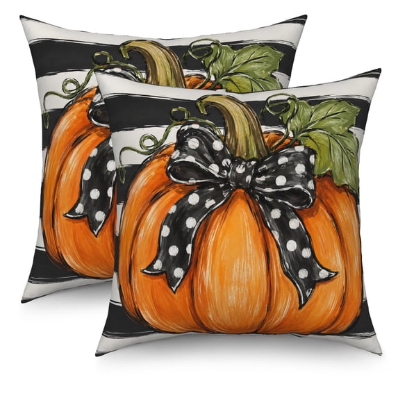 DaShan Fall Throw Pillow Covers 20x20 Set of 2,Black Stripes Pumpkin Pillowcase Cushion Cover for Couch Sofa Bed