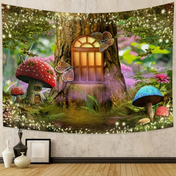 DaShan Fantasy Forest Tapestry Wall Hanging,Mushroom House Backdrop for Bedroom Living Room Dorm,60"Wx50"L