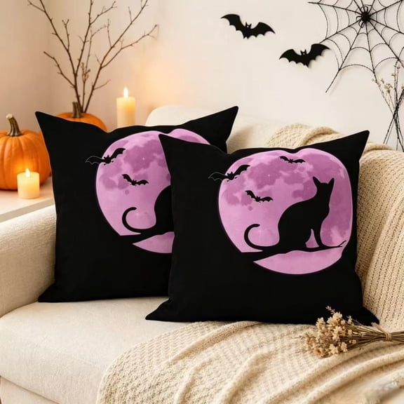 DaShan Halloween Pillow Cover 18x18 Set of 2,Black Cat Bat Decorative Pillow Cases Couch Cushion for Bedroom Home Decor