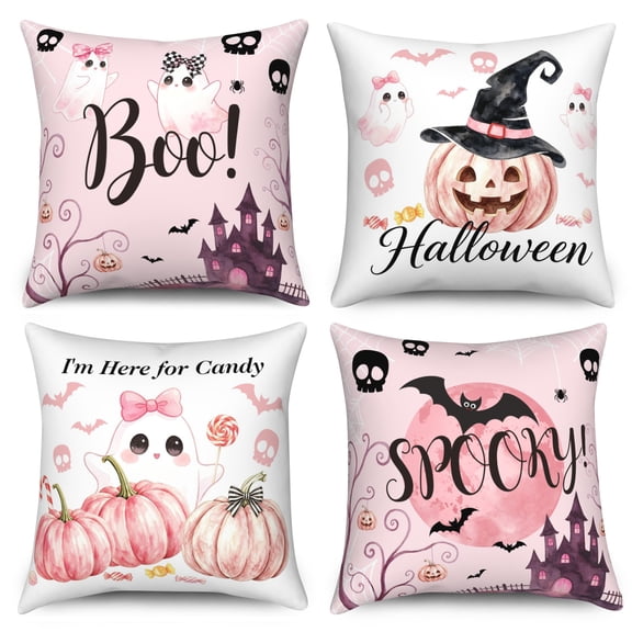 DaShan Halloween Pink Throw Pillow Covers 18x18 Set of 4,Cute Ghost Pumpkin Pillow Cases for Bedroom Sofa Couch Decor