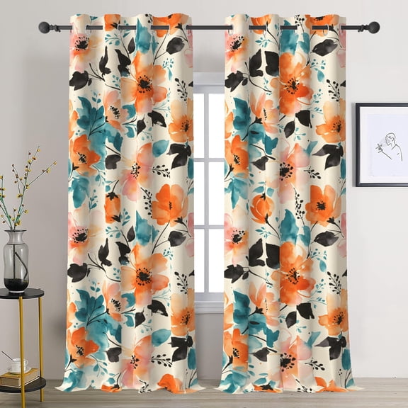 DaShan Orange Floral Blackout Curtains 84 inch length 2 Panels,Rustic Room Darkening Grommet Window Drapes for Bedroom,52x84 Inches
