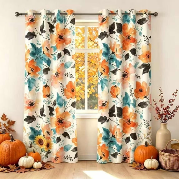 DaShan Orange Floral Blackout Curtains 84 inch length 2 Panels,Rustic Room Darkening Grommet Window Drapes for Bedroom,52x84 Inches