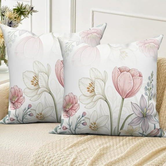 DaShan Pink Flower Throw Pillow Covers 18x18 Set of 2,Farmhouse Summer Linen Pillows Case for Bedroom Sofa Couch