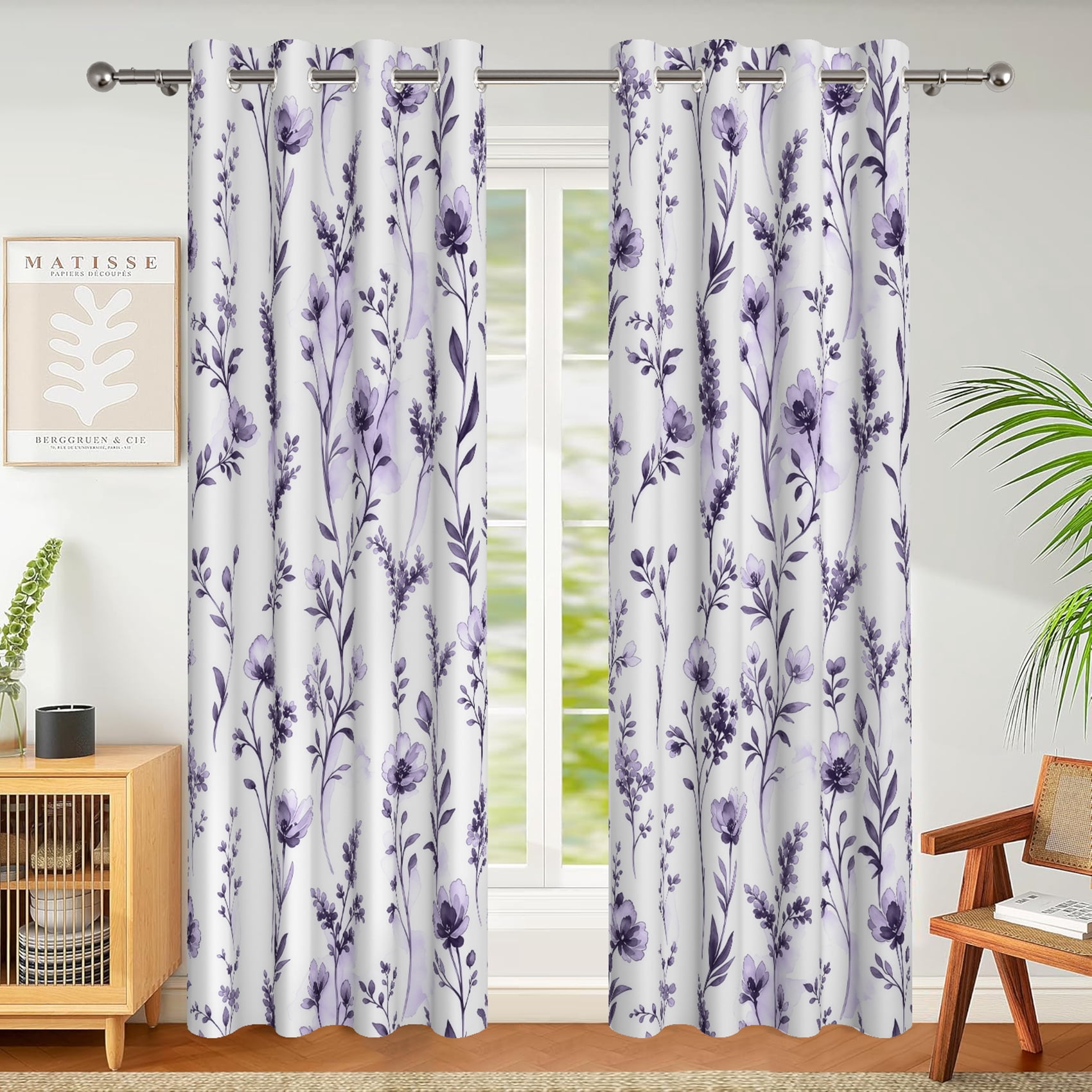 Gouache Pattern DaShan Purple Flower Blackout Curtains for Bedroom,Watercolor Floral ...