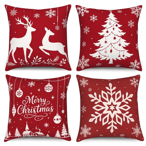 DaShan Red Christmas Throw Pillow Covers 18x18 Set of 4,Snowflake Trees & Deer Pillow Cases for Bedroom Sofa Couch Decor