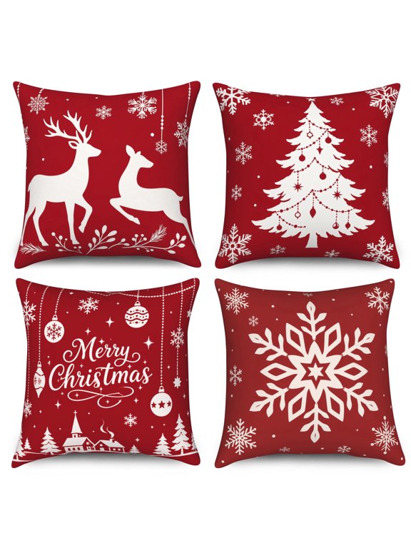 Red Christmas Throw Pillow Covers 18x18 Set of 4,Snowflake Trees & Deer Pillow Cases for Bedroom Sofa Couch Decor