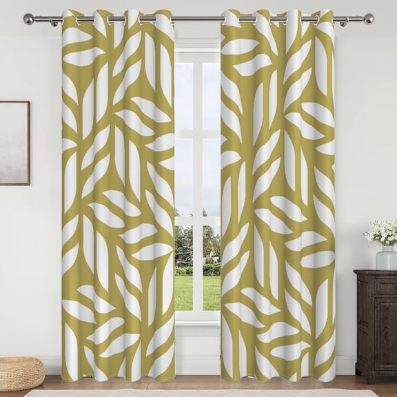 DaShan White Yellow Blackout Curtains for Living Room,Leaf Print Thermal Insulated Window Drapes 52x96 Inch,Set of 2