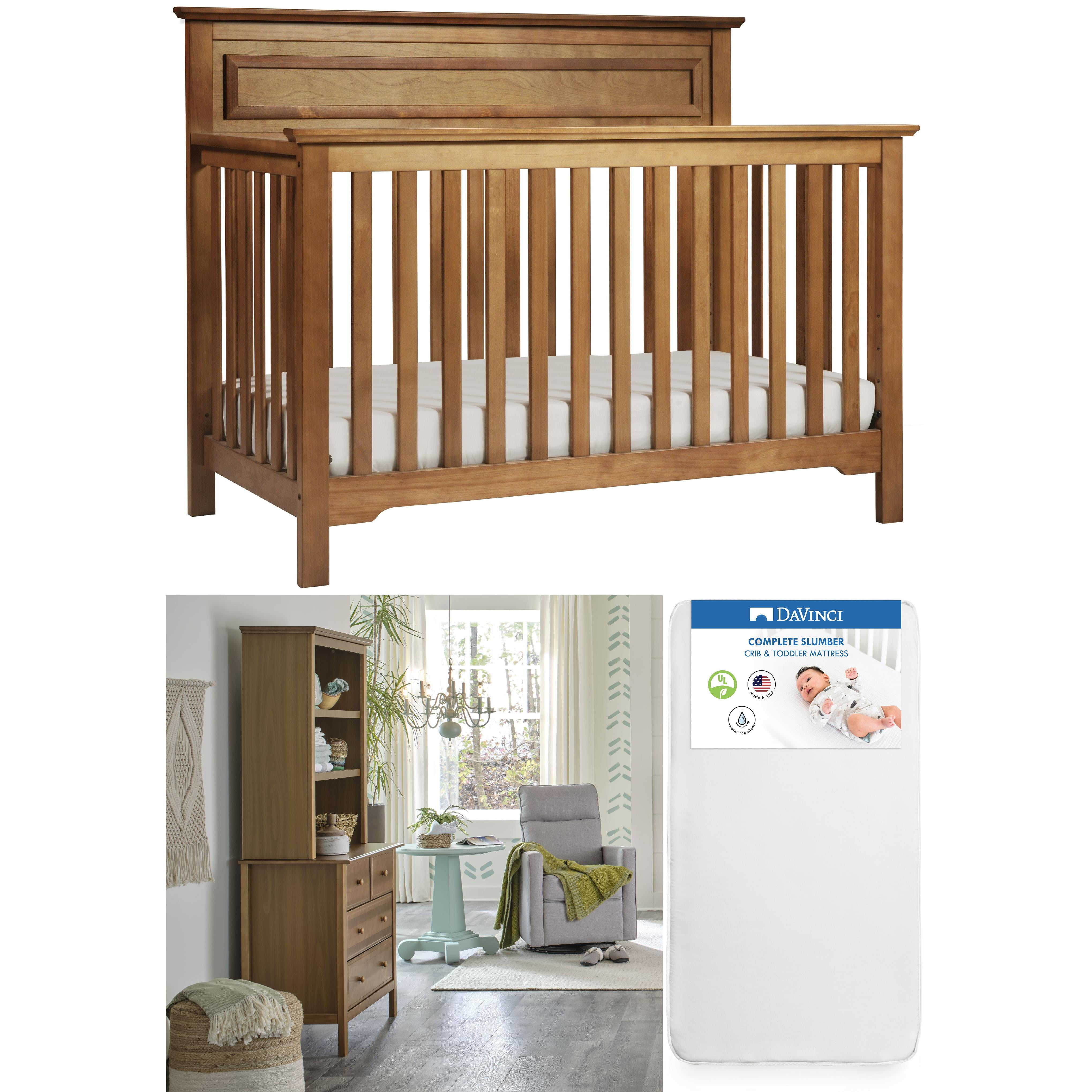 DaVinci Autumn 4 in 1 Convertible Crib, 4 Drawer Dresser in Chestnut and  Hypoallergenic Universal Fit 6 inch Ultra Firm Deluxe Crib Mattress Value Set