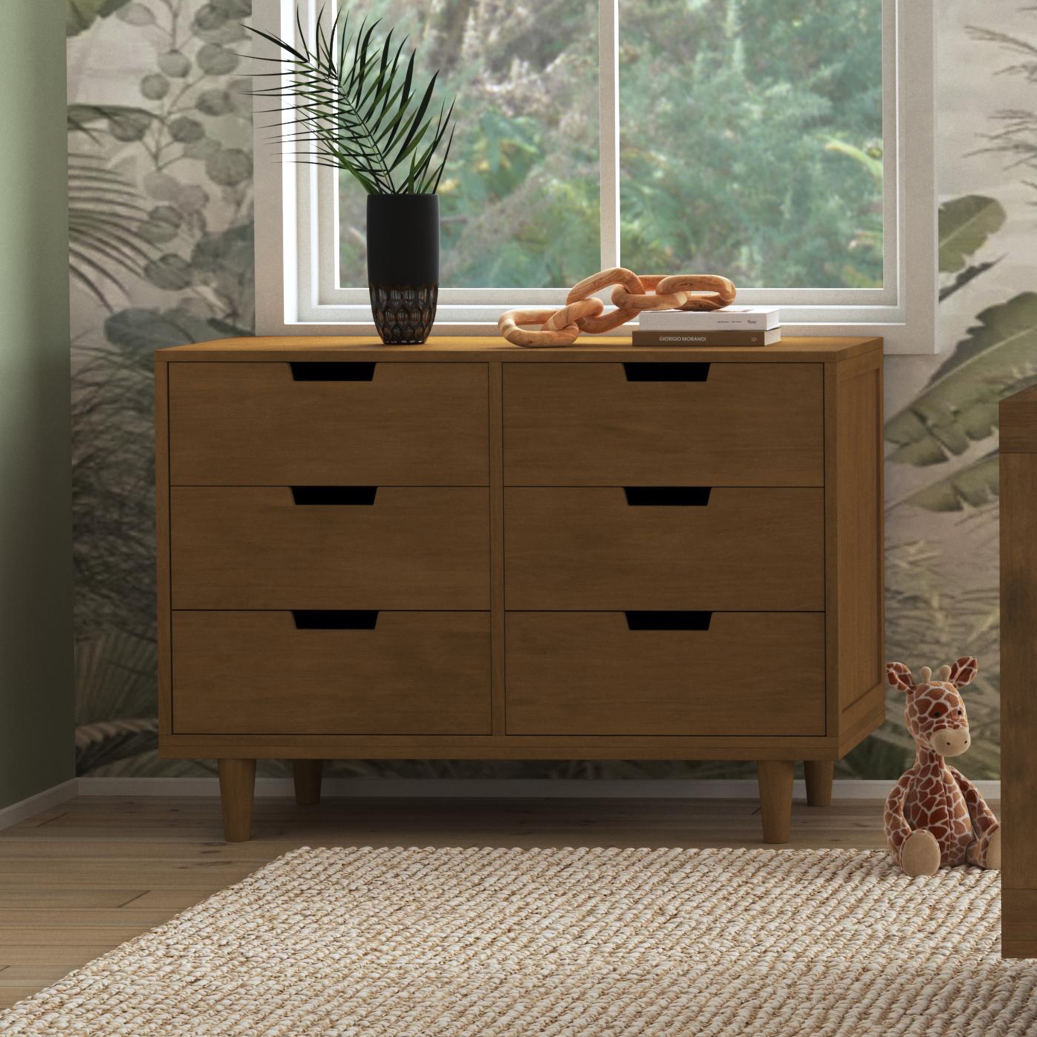 Walnut Pine Double Dresser with Six Drawers