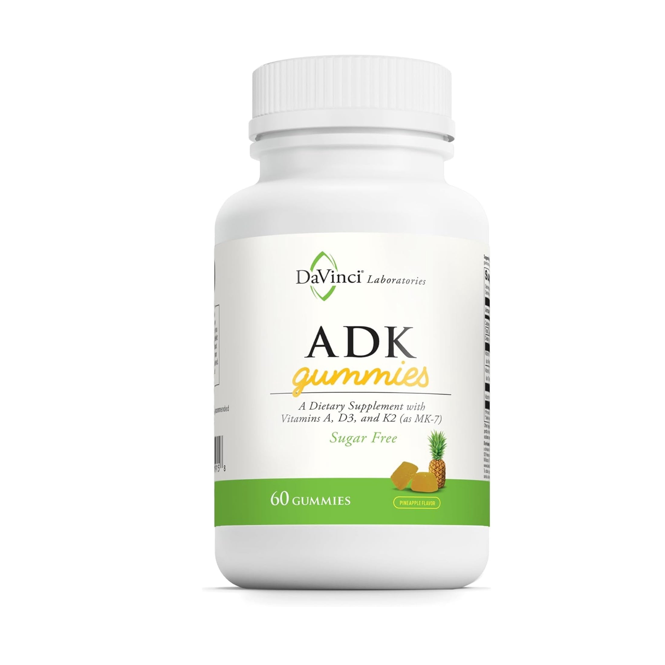 DaVinci Labs ADK Gummies Sugar-Free, Pineapple Flavored Allulose Gummy Vitamin Supports Bone, Heart, and Immune Health Vegetarian, Gluten-Free, 60 Count