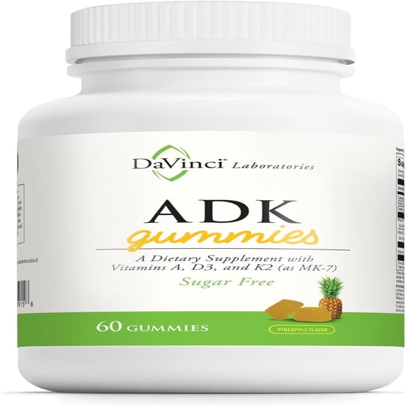 DaVinci Labs ADK Gummies Sugar-Free, Pineapple Flavored Allulose Gummy Vitamin Supports Bone, Heart, and Immune Health Vegetarian, Gluten-Free, 60 Count