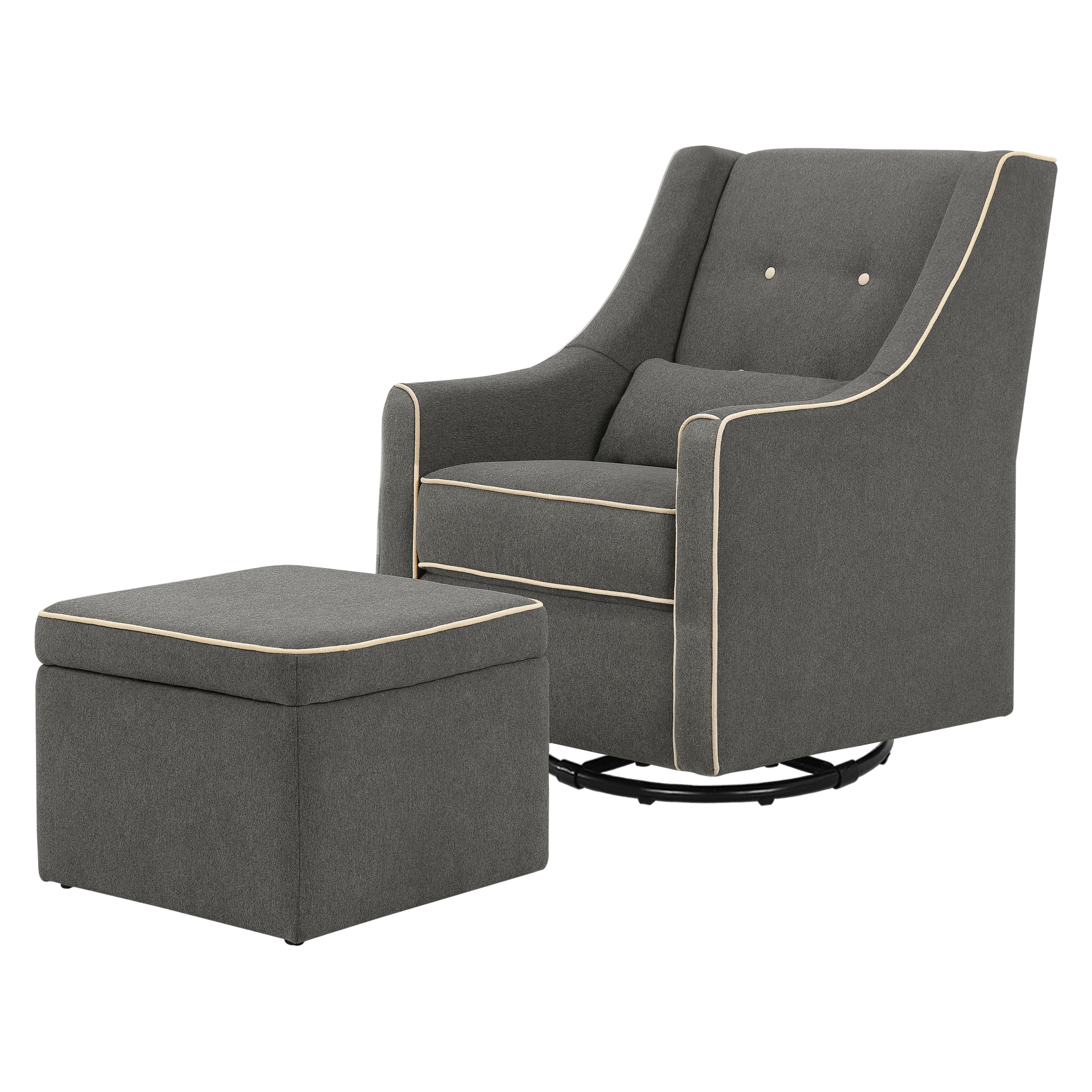 DaVinci Owen Glider and Storage Ottoman in Dark Grey with Cream Piping