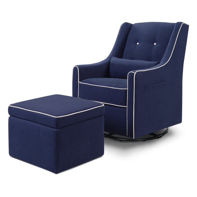 DaVinci Owen Glider and Storage Ottoman in Navy with Cream Piping
